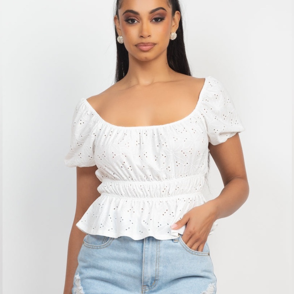 Puff Sleeve Eyelet Peplum Top